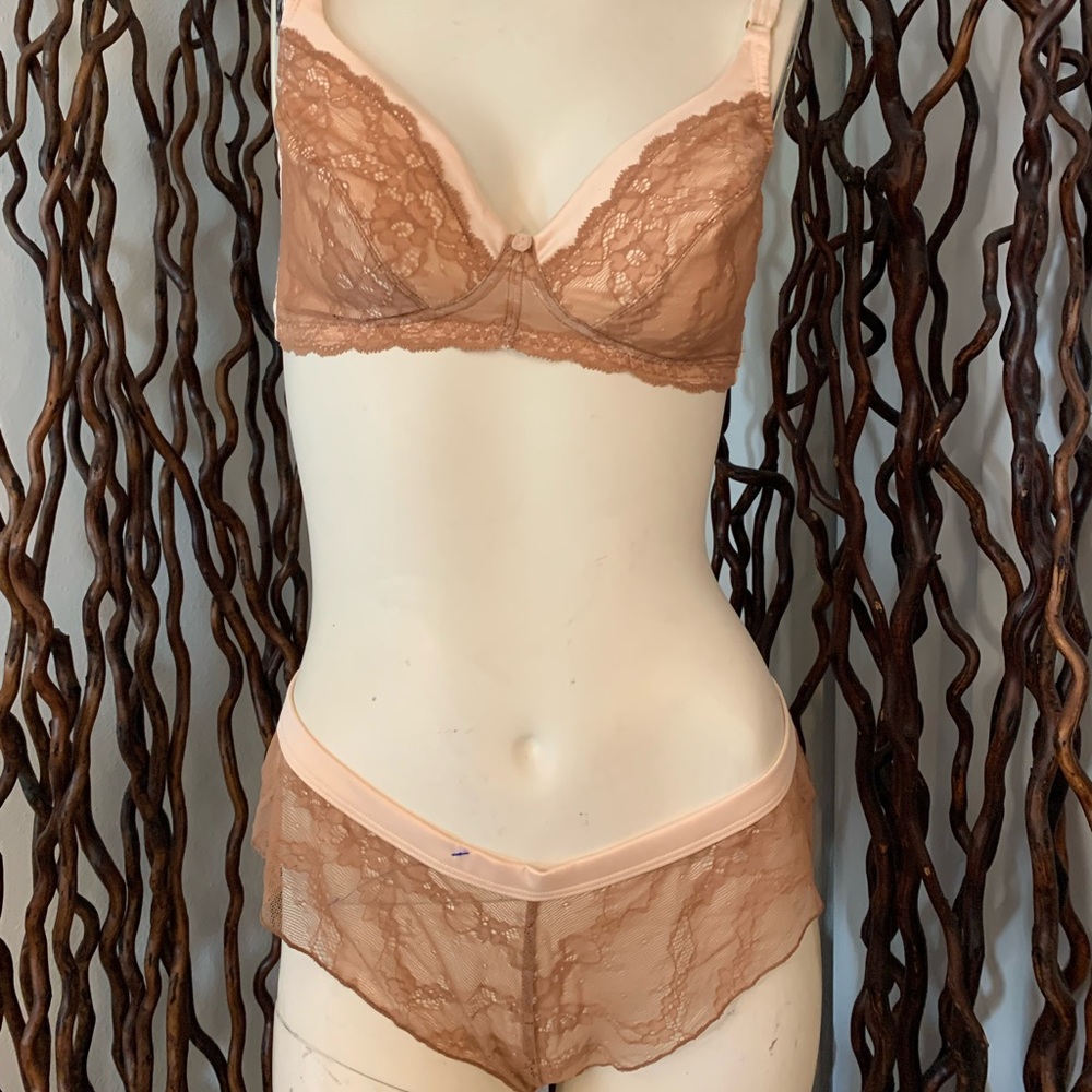 New Amoralia Satin and Lace Nougatine Thong Panties